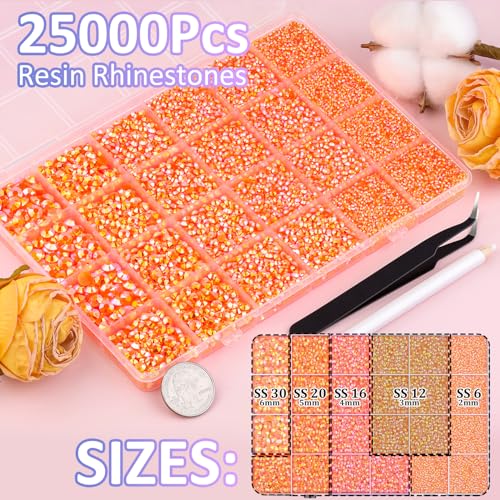 Image of 25000Pcs Resin Rhinestones with Tweezers for Crafting, Orange AB 2-6mm Mixed Sizes Non Hotfix Flatback Gems, Bedazzling Crystal for DIY Craft Clothing Mugs Tumblers Shoes Fabric Decor Nail Art