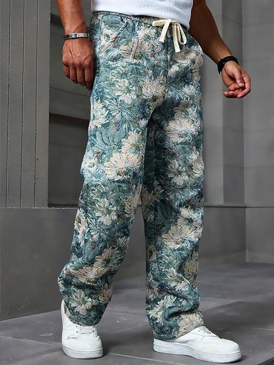 Men's Floral Print Pocket Drawstring Waist Pants Loose Casual Comfy Straight Leg Trousers for Summer Daily Wear3