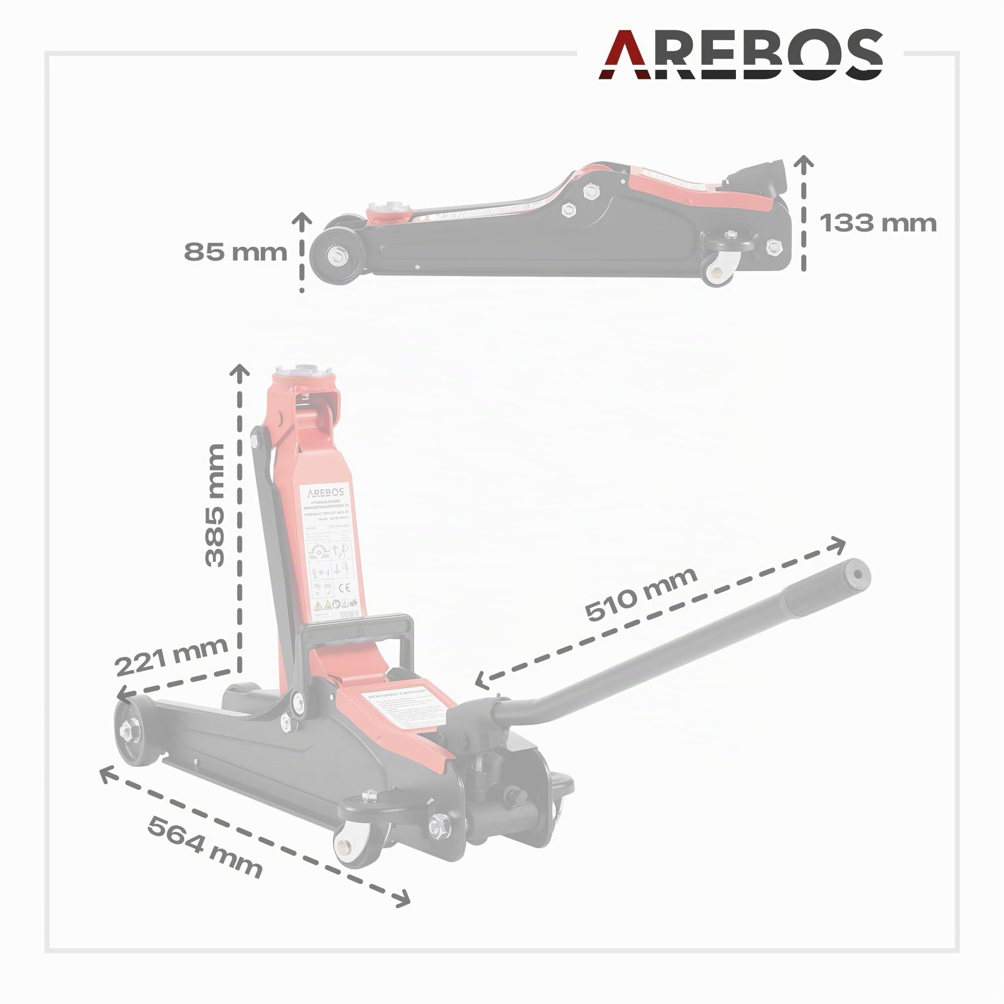 Arebos 2T Martinetto idraulico di manovra piatto | altezza di sollevamento 85-385 mm | 4 supporti | cavalletto per martinetto auto autovetture