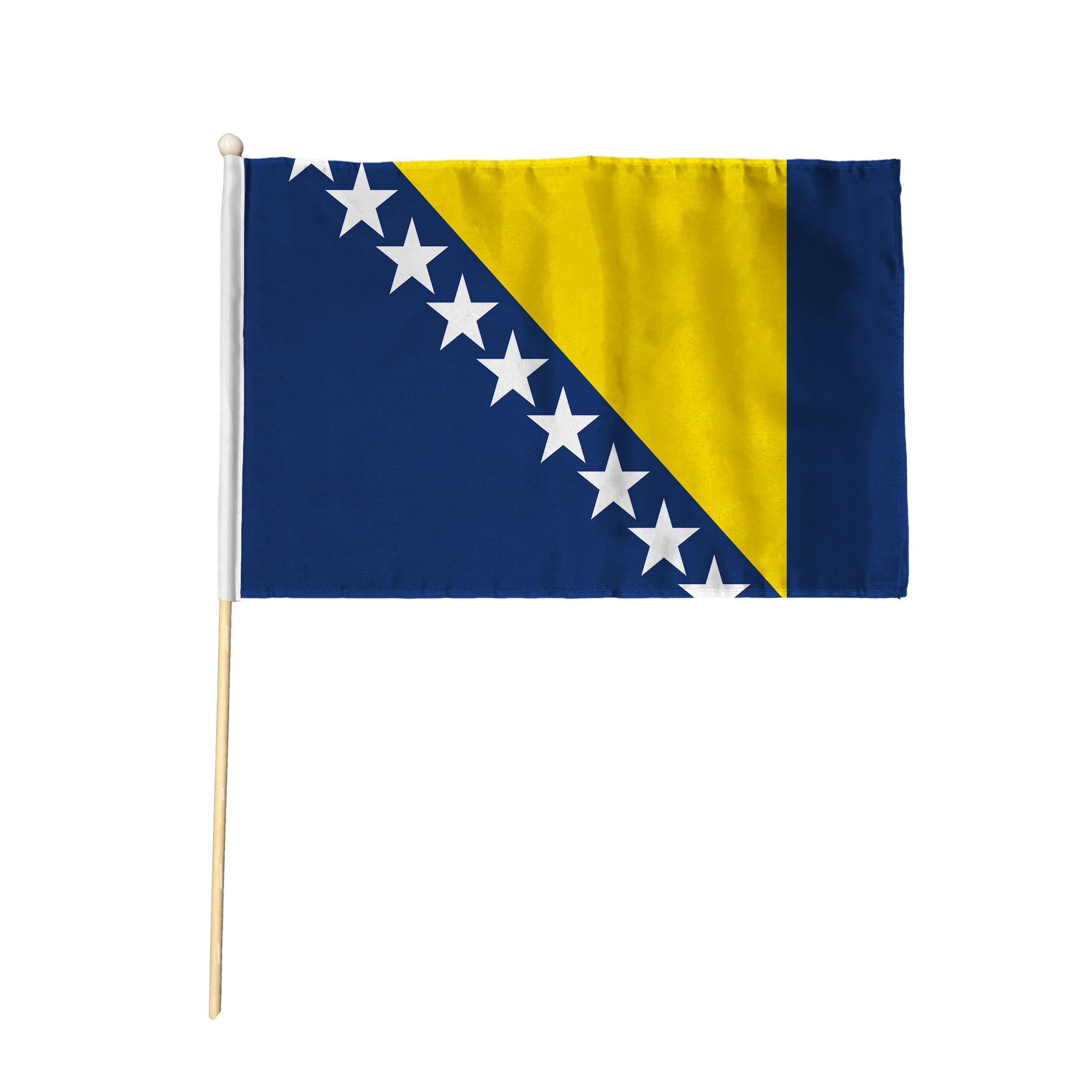 Flagtex Bosnia and Herzegovina Pack of 12 Hand Waving Flag (18x12 Inch Large) - Premium Wooden Stick Hand Flag Big Size Natural Wood Pole European Blue Yellow Stars Triangle Flag