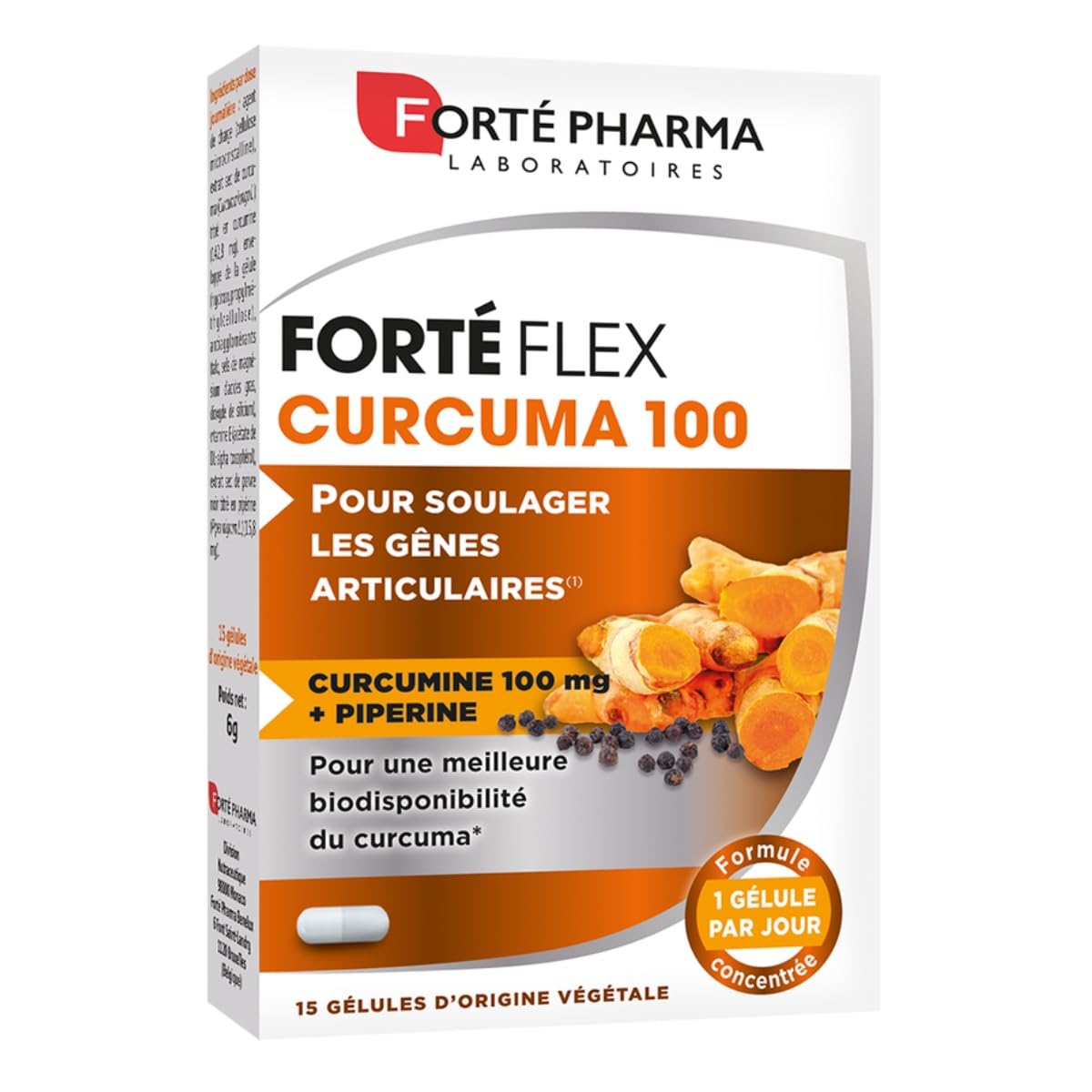 Forté Pharma - Forté Flex Curcuma - Complément Alimentaire Articulaire - Articulations douloureuses, Santé des os - Vitamine E, Curcuma, Poivre Noir - Flexibilité - 15 gélules, 1/​jour