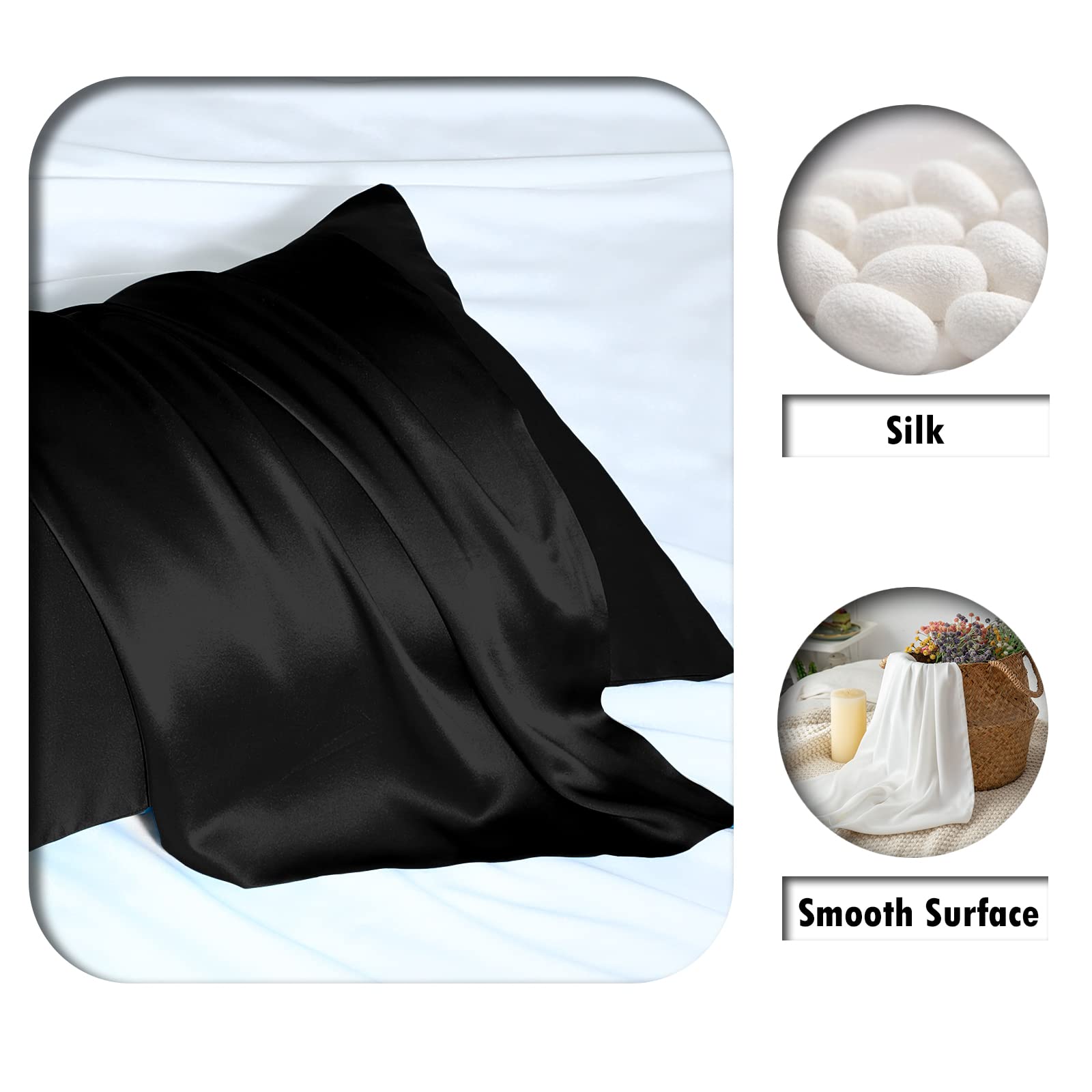 Silk Pillow Cases 2 Pack,Soft Breathable and Sliky Standard Size Pillow Cases Set of 2,Natural Mulberry Silk Pillowcase Set of 2 for Hair and Skin with Hidden Zipper (Black,20"X 26",2pcs)