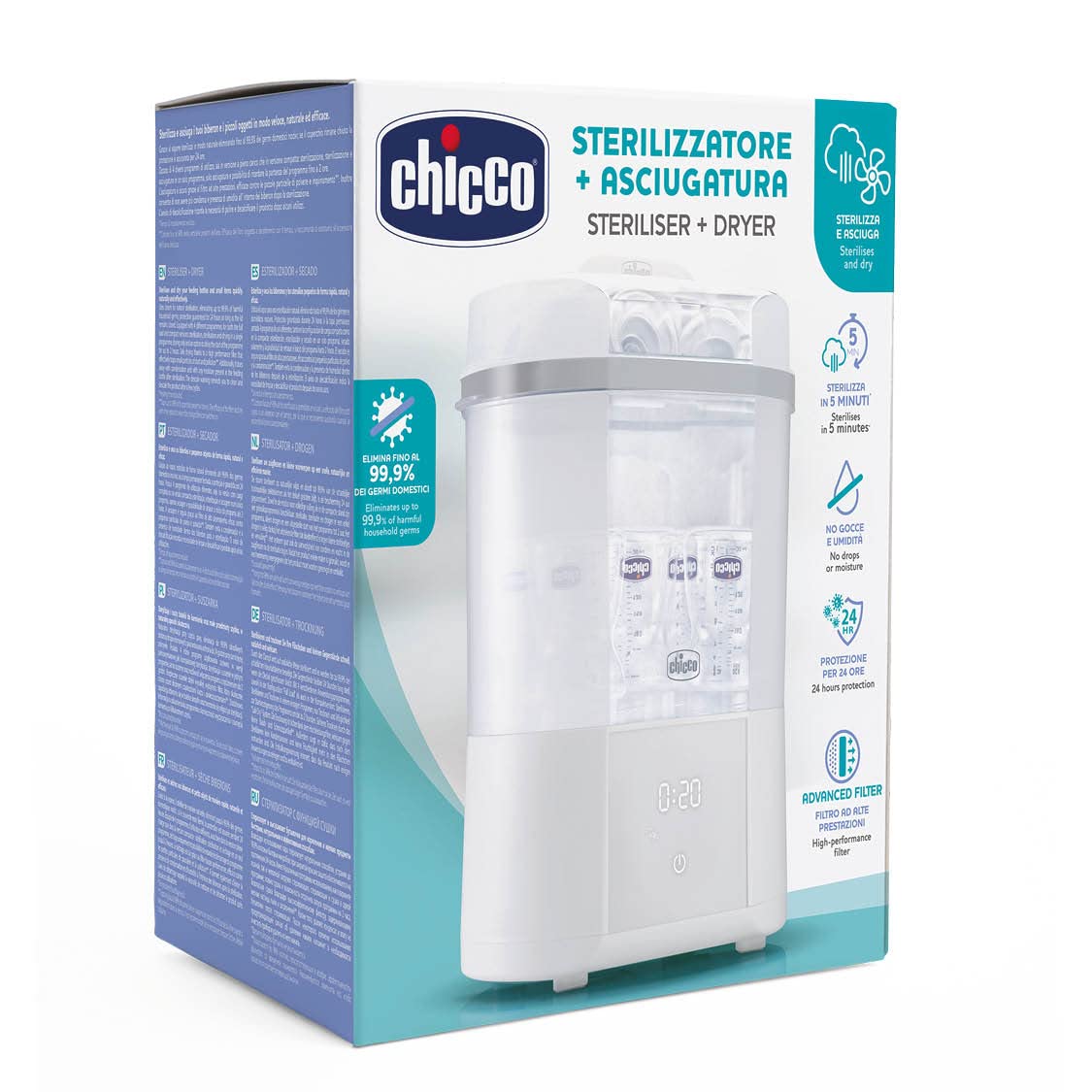 Chicco Esterilizador y Secador Biberones All in One, Esterilizador de Biberones Eléctrico con Función Seca Biberones, para Biberones, Sacaleches y Chupetes, Hasta 6 Biberones