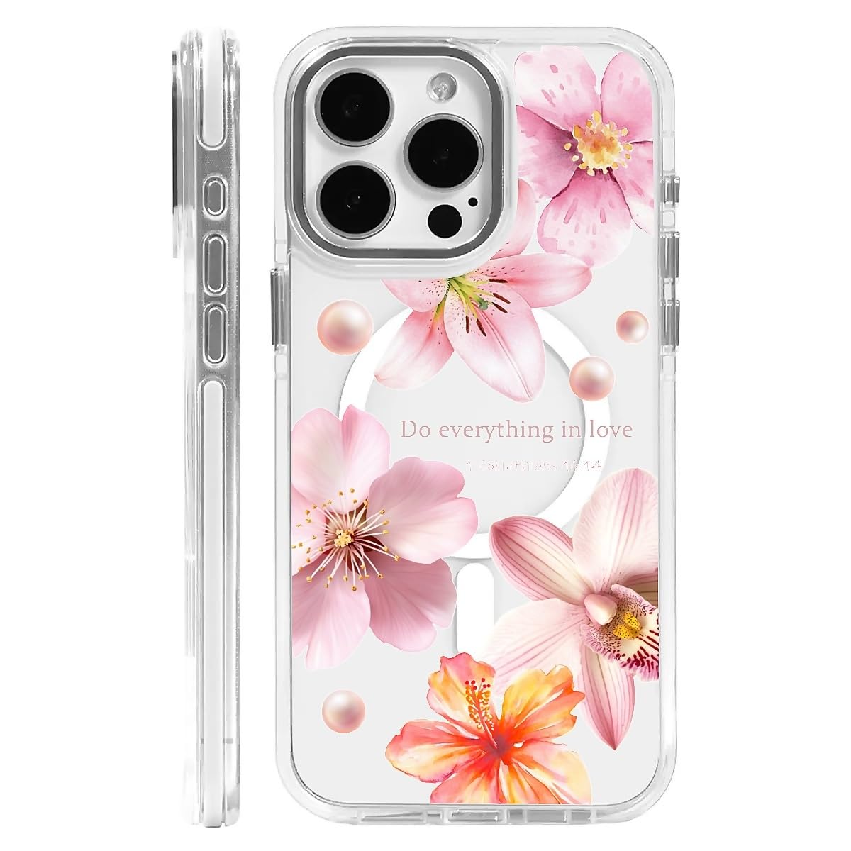 OKBUOK for iPhone 15 Case [Compatible with Magsafe],Girls Women Clear Magnetic Case Silicone Shockproof Protective Cover with Pattern Hibiscus Bubbles