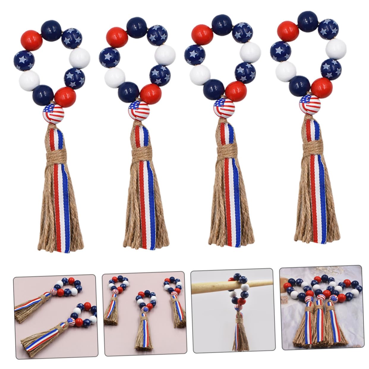 VICASKY 24 Stck. Teiliges Holzperlen Serviettenringe mit Quaste Robust und Langlebig Dekorative Napkin Holder für Unabhängigkeitstag Fest Hochzeit Party und Tischdekoration