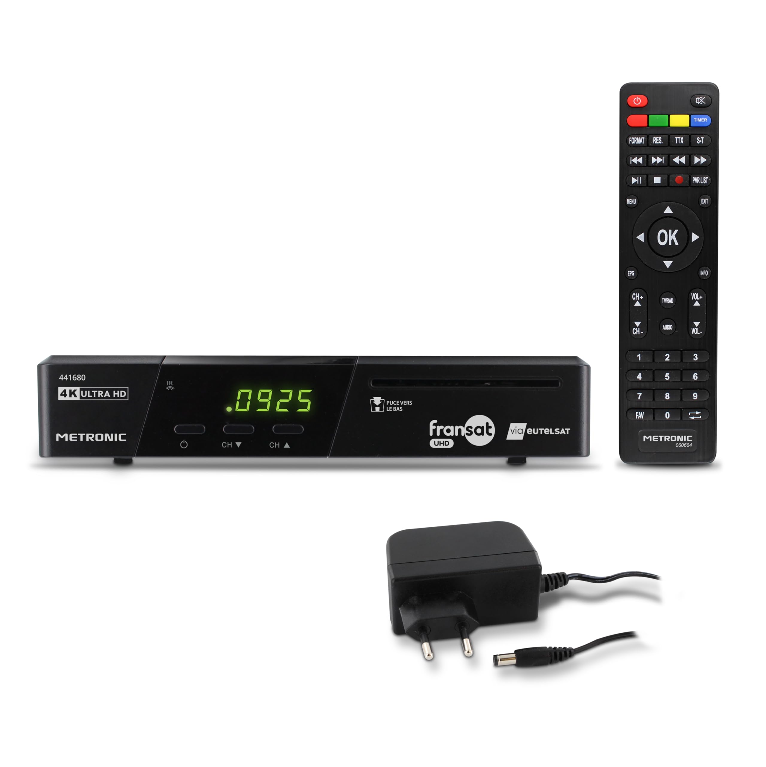 METRONIC 441680 Fransat 4K UHD HDR10 Satélite, Recepción de TDT, Sonido Dolby Atmos, Puerto USB de Doble Potencia, Tarjeta Fransat incluida, Pausa y reproducción de TV (Time Shift)