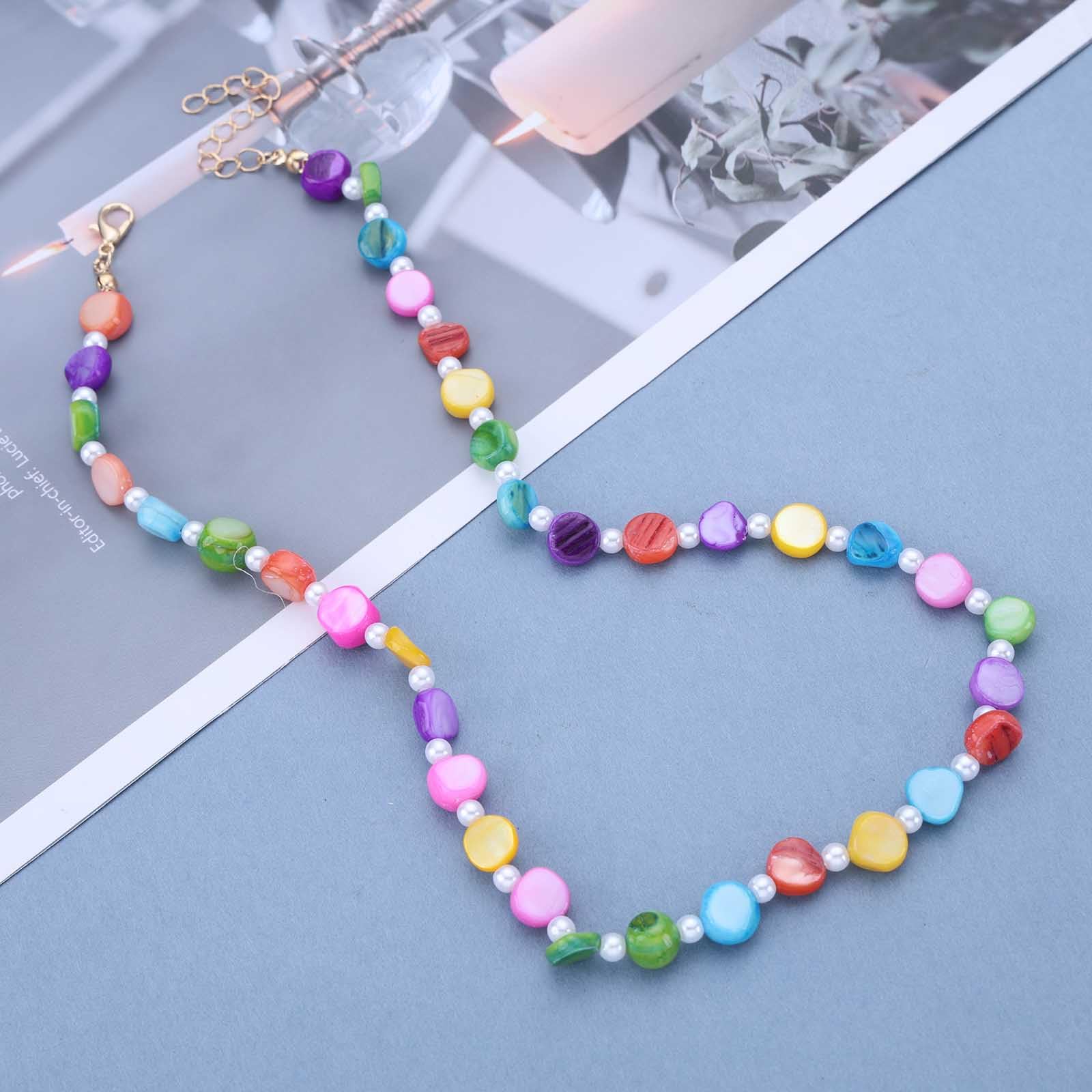 Wendalern Boho Resin Beaded Choker Necklace Rainbow Seed Beads Necklace Small Pearl Chain Gold Necklace Vintage Irregular Beads Pearl Necklace Chain Hawaii Beach Surfer Necklace Jewelry for Women - Image 3