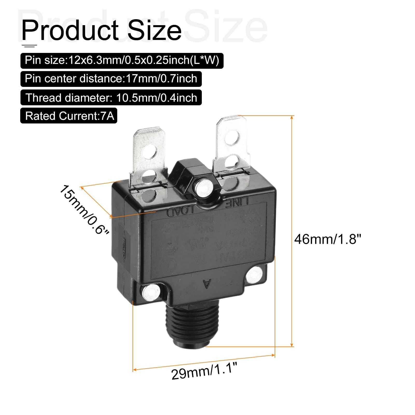 DMiotech 7A Thermal Circuit Breaker 125/250V AC 50V DC 1.8x1.1x0.6" Manual Reset Overload Protector with Quick Connect Terminal and Waterproof Cap for Overload Protection,5Pcs - Image 2