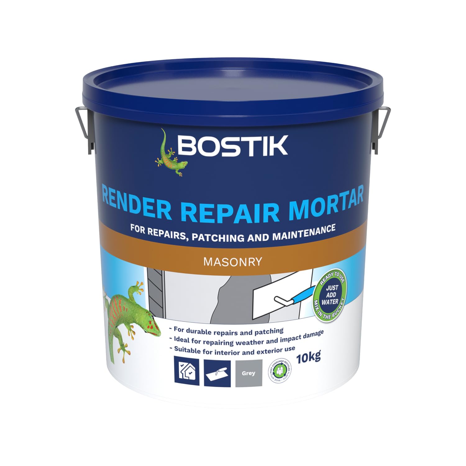 Bostik Cementone Render Repair Mortar 10kg - Durable Repair & Patching Mortar - Ready Mixed, Just Add Water - Ideal for Weather & Impact Damage - Interior & Exterior Use