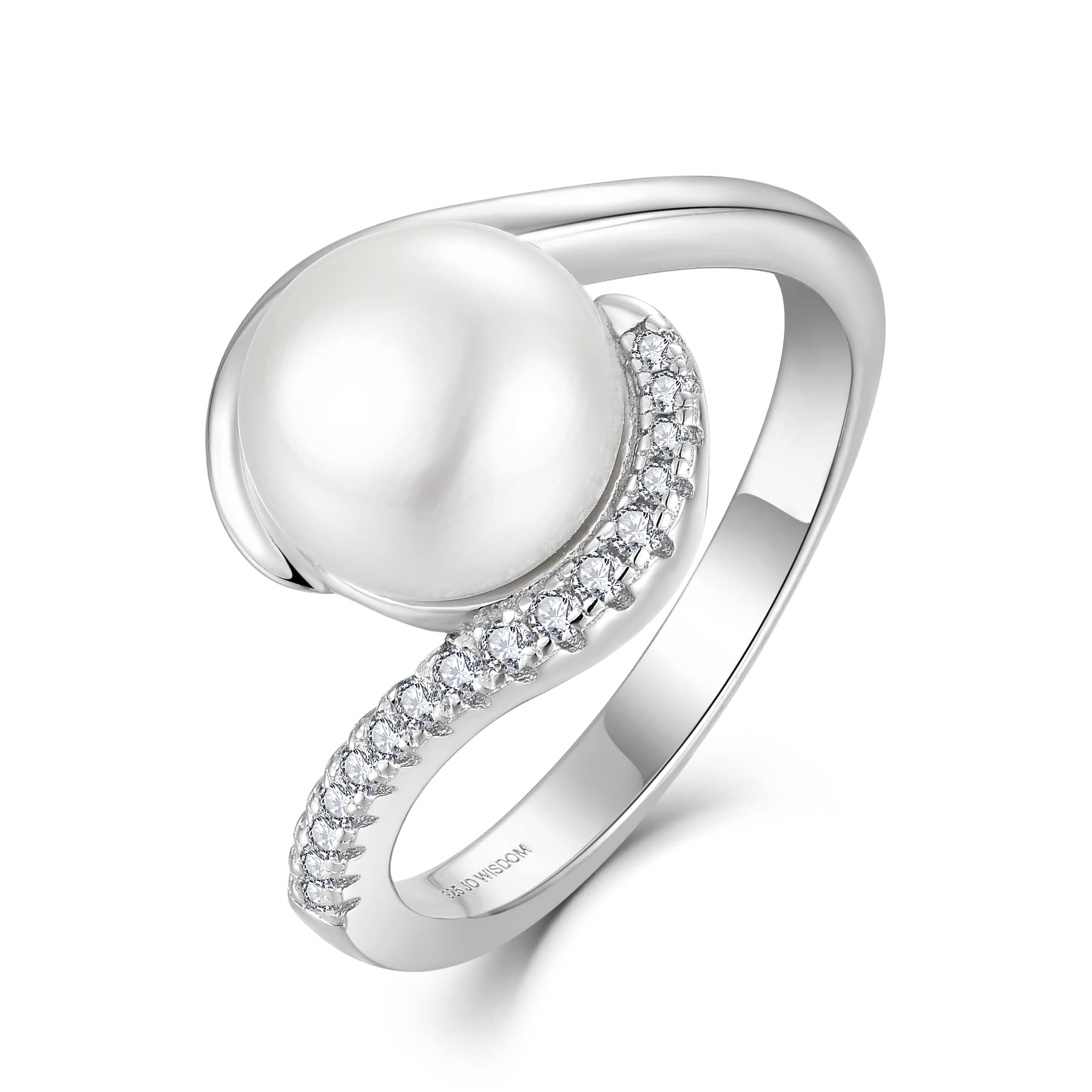 JO WISDOM Damen Ring Silber 925 mit 3A Zirkonia,Perlenring mit 9mm Süßwasserperle,Schmuck für Frauen