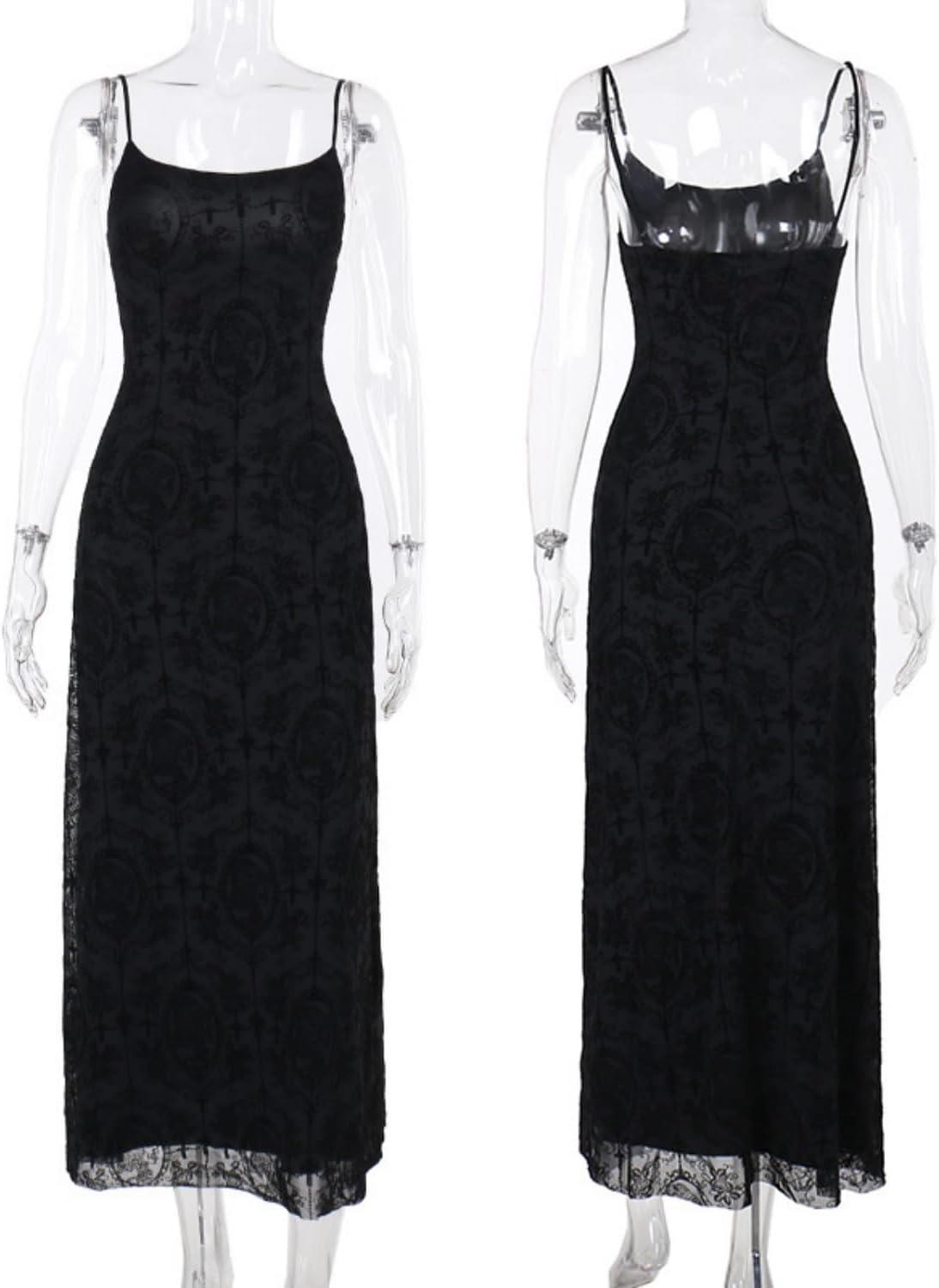 JUMISEE Women’s Sleeveless Velvet Gothic Maxi Dress Floral Corss Print Spaghetti Strap Bodycon Long Dress Goth Dresses - Image 6