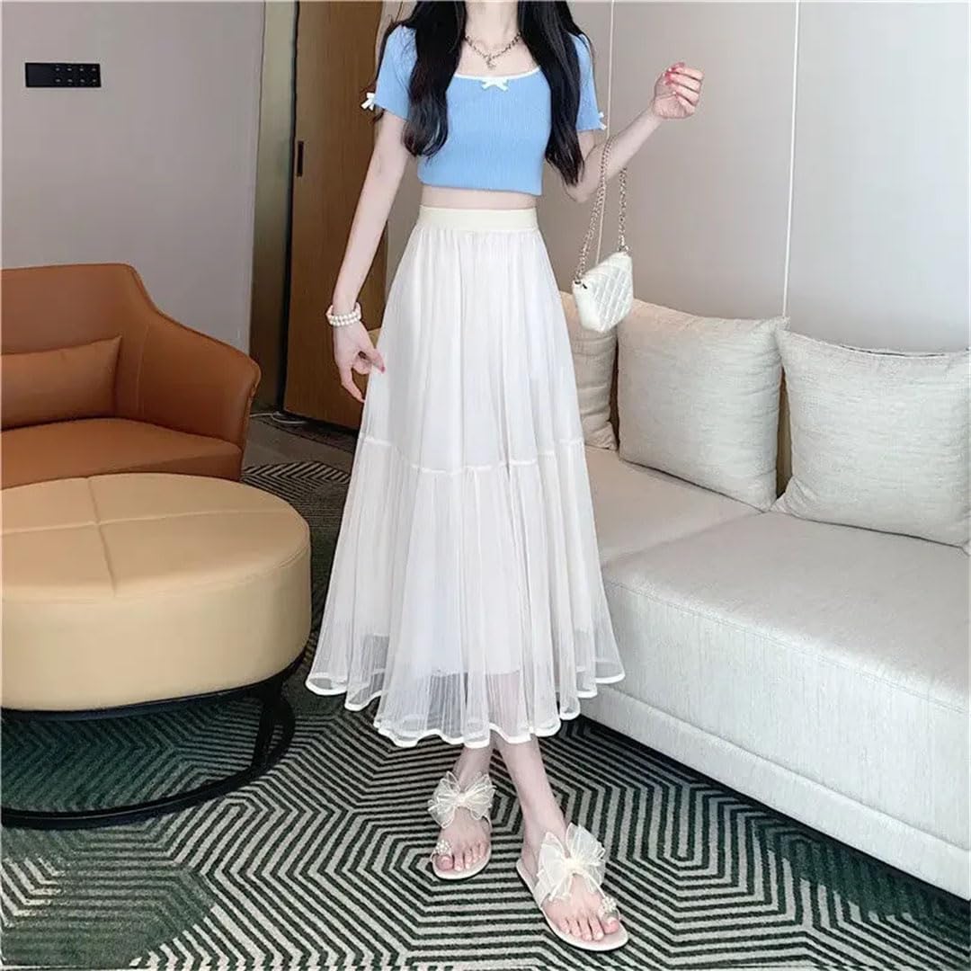 Gonna da donna a pieghe a vita alta, in tulle, stile Harajuku, linea ad A