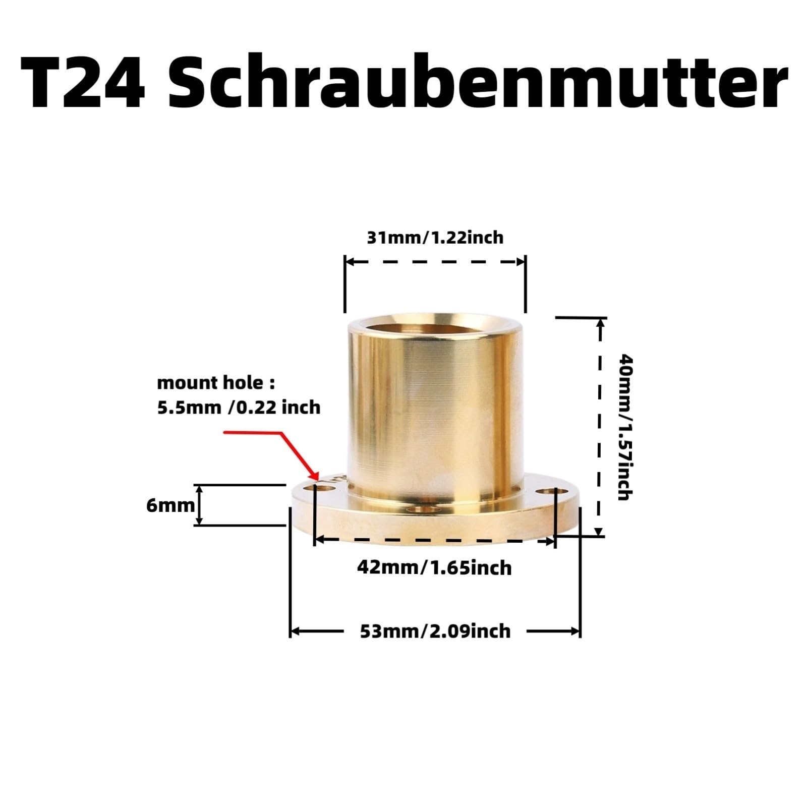 Vis ronde T24 - Écrou TR24 x 4 - Tr24 x 5 - TrL24 x 4 - TrL24 x 5 - 4 mm - Pas de 5 mm - Filetage à gauche - Bride - Filetage trapézoïdal - Écrou (filetage à droite, 5 mm pitch)