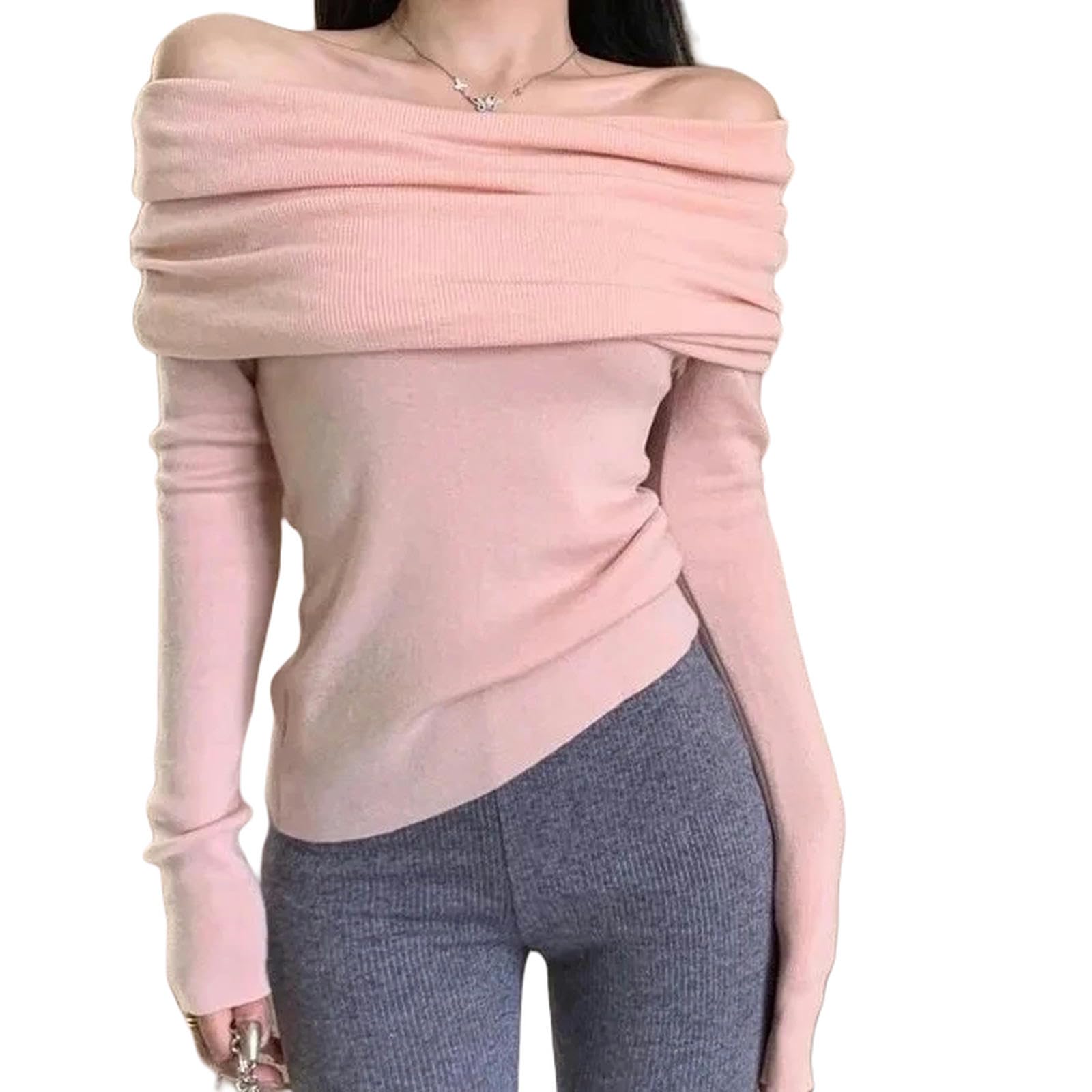 Maglione Donna Design del Maglione A Maglieria Fuori Spalla Design A Maniche Lunghe Donne Maglione da Donna Femminile Primaverile Sexy Camicia da Fondo Magro-Albicocca del Latte-m