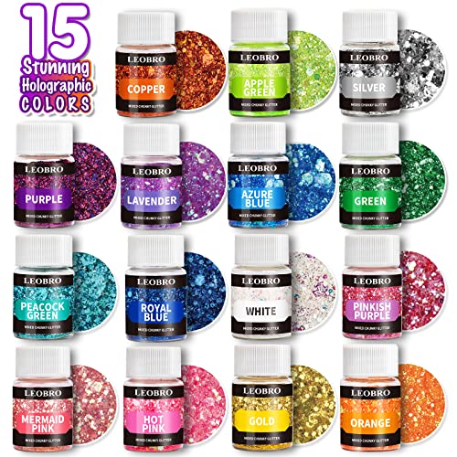 Holographic Chunky Glitter, 15 Colors Craft Glitter For Resin, With 5Pcs Mixing Spoon, Leobro Cosmetic Glitter For Nail Body Eye Face, Resin Glitter Flakes Sequins For Tumbler Jewelry Crafts Making #TOP2