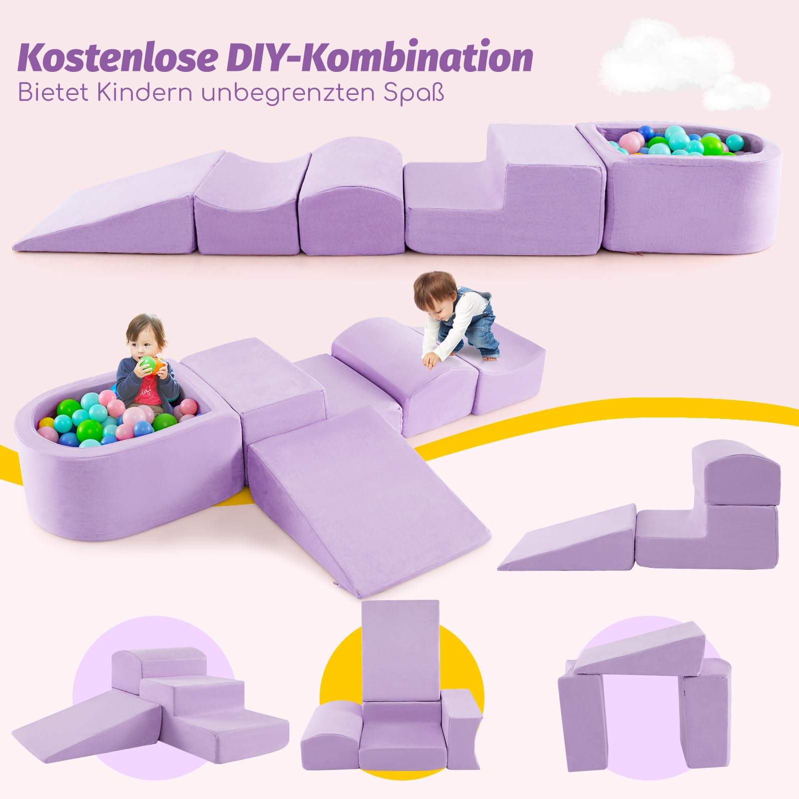 GOPLUS Schaumstoffbausteine mit Bällebad, 5-teiliges Softbausteine mit Wildlederbezug, Hochdichtes Schaumstoff, Weiche Riesenbausteine für Kleinkinder zum Klettern, Ohne Bällebad (Lila)