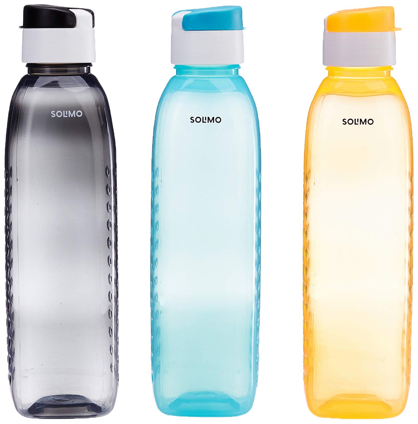 Amazon Brand - Solimo Plastic Water Bottle Set with Flip Cap (3 pieces, Multicolour, Dotted pattern)