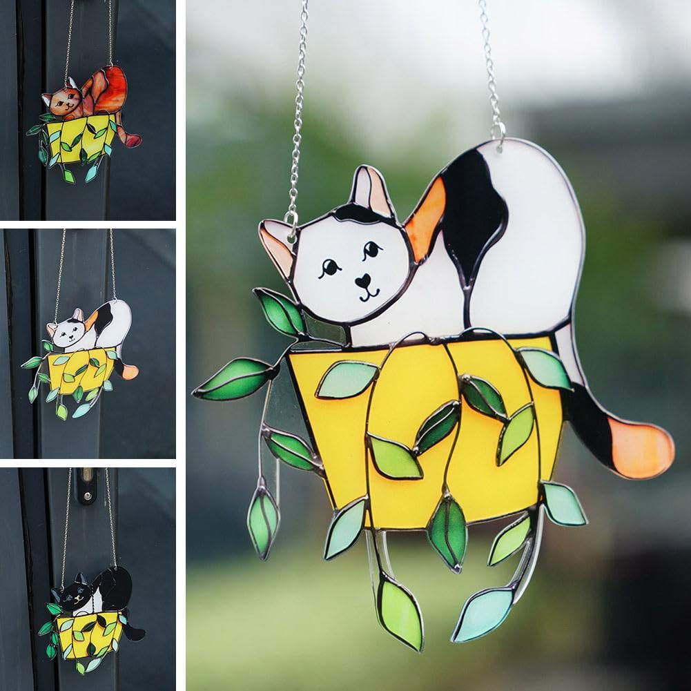Decorazione acchiappasole a forma di gatto in un vaso di fiori, pannello in vetro dipinto, da appendere alla finestra, decorazione per finestre, per amanti dei gatti (bianco