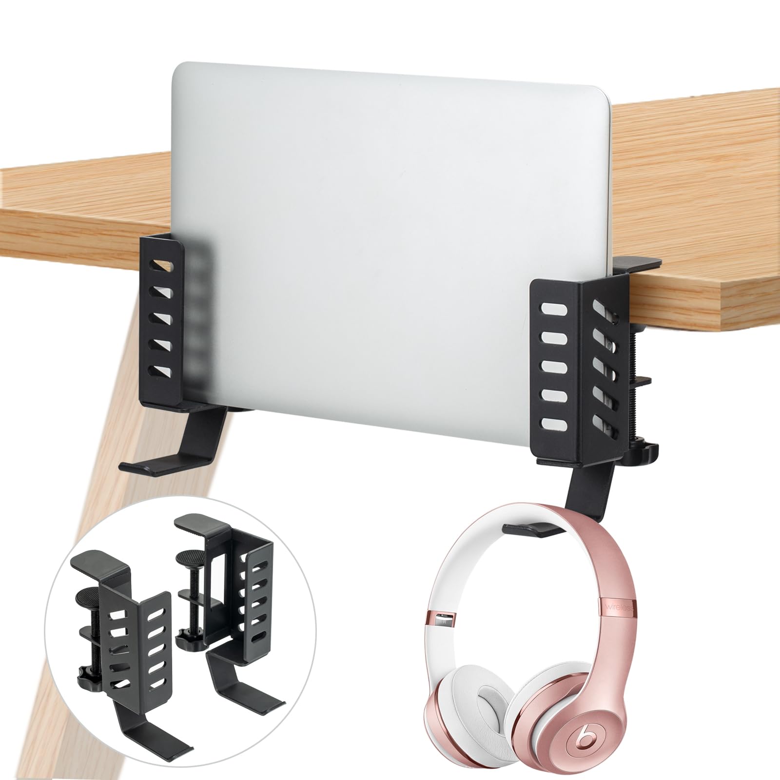 FEIKU Vertical Laptop Stand - No Drill Desktop Mount, Hanging Holder for Desk Side, Clamp-on Storage Organizer for Laptops, Books, Keyboards, Headphones, Backpacks - Black