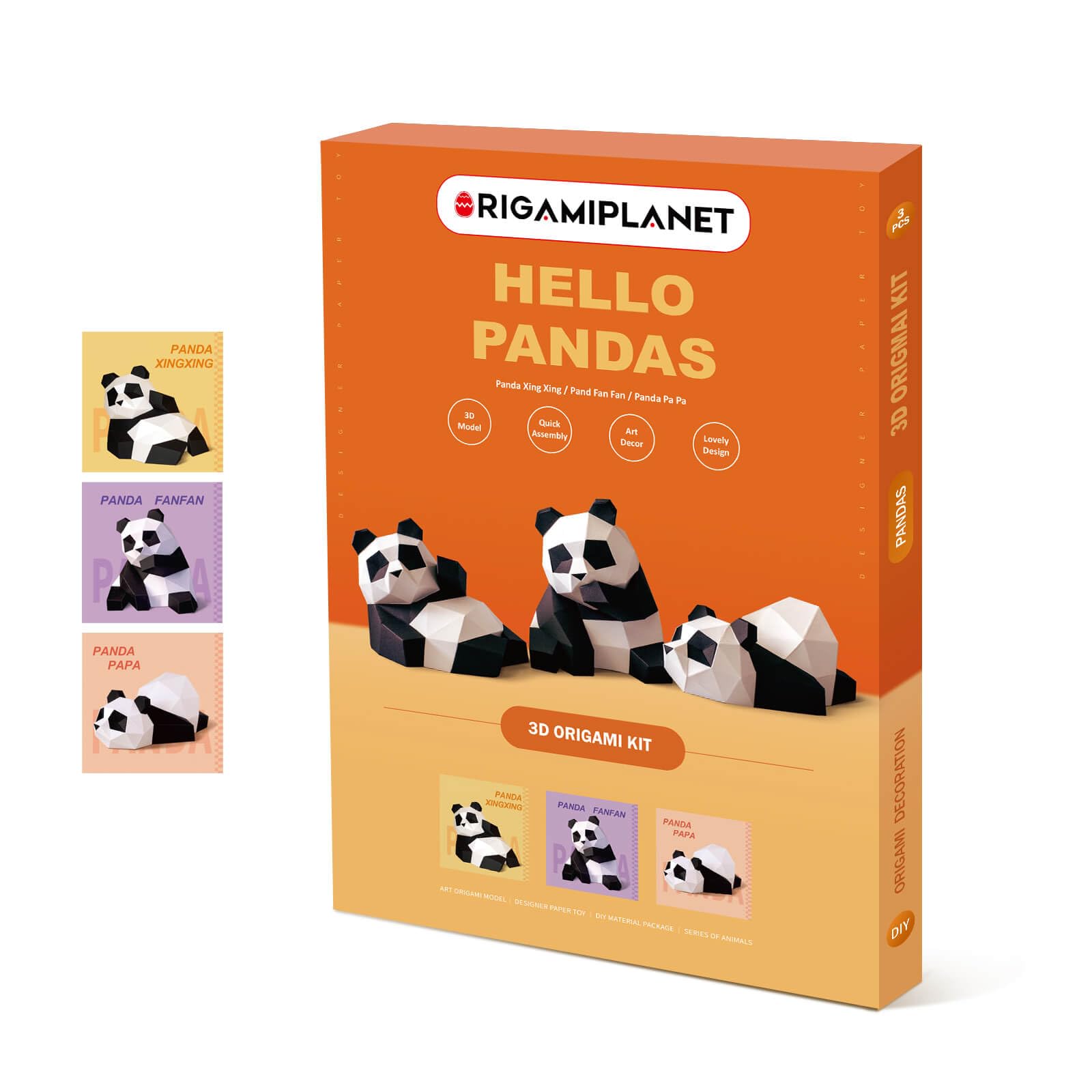 ORIGAMIPLANET Hello Pandas 3D zestaw upominkowy z papieru origami, 3 szt., fanfan/Xingxing/Papa, wstępnie wycięty zestaw origami, urocze zwierzę, papierowa rzeźba dla nastolatków i dorosłych