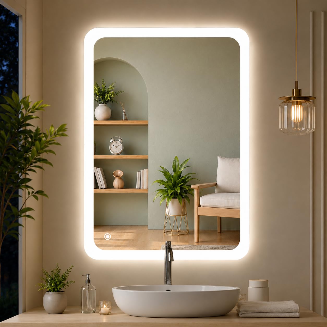 Sunsyze Modern Led Mirror for Bathroom & Bedroom, Decorative Mirror with Light, Touch Sensor Controlled with 3 Colour Lights and Brightness Adjustable (18x24 Mirror Size)-image-39