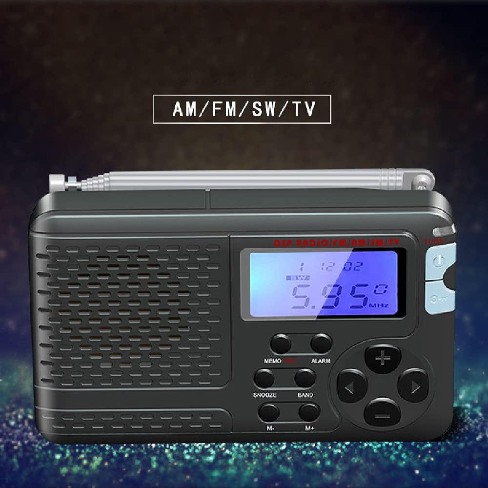 Radio Groupe AM/FM/SW/TV Radio de Radio et réveil alimenté par la Batterie radios Portables Haut-Parleur intégré Radio numérique avec USB Charging Casque, Noir