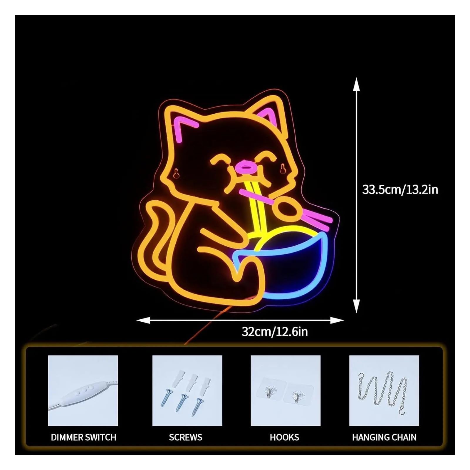 LED néon signe Ramen Panneau Néon En Forme De Chat Alimenté Par USB, Intensité Variable, Pour La Maison La Cuisine La Décoration De Restaurant Signes D'ambiance 32cm×33.5cm