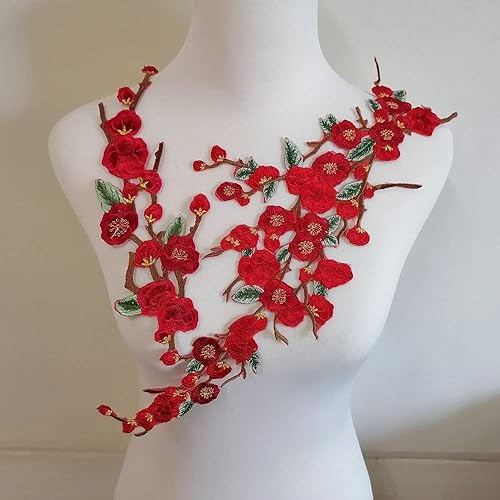 Parche bordado de flores de membrillo Sakura para planchar (1 juego = 2 piezas) (rojo intenso)