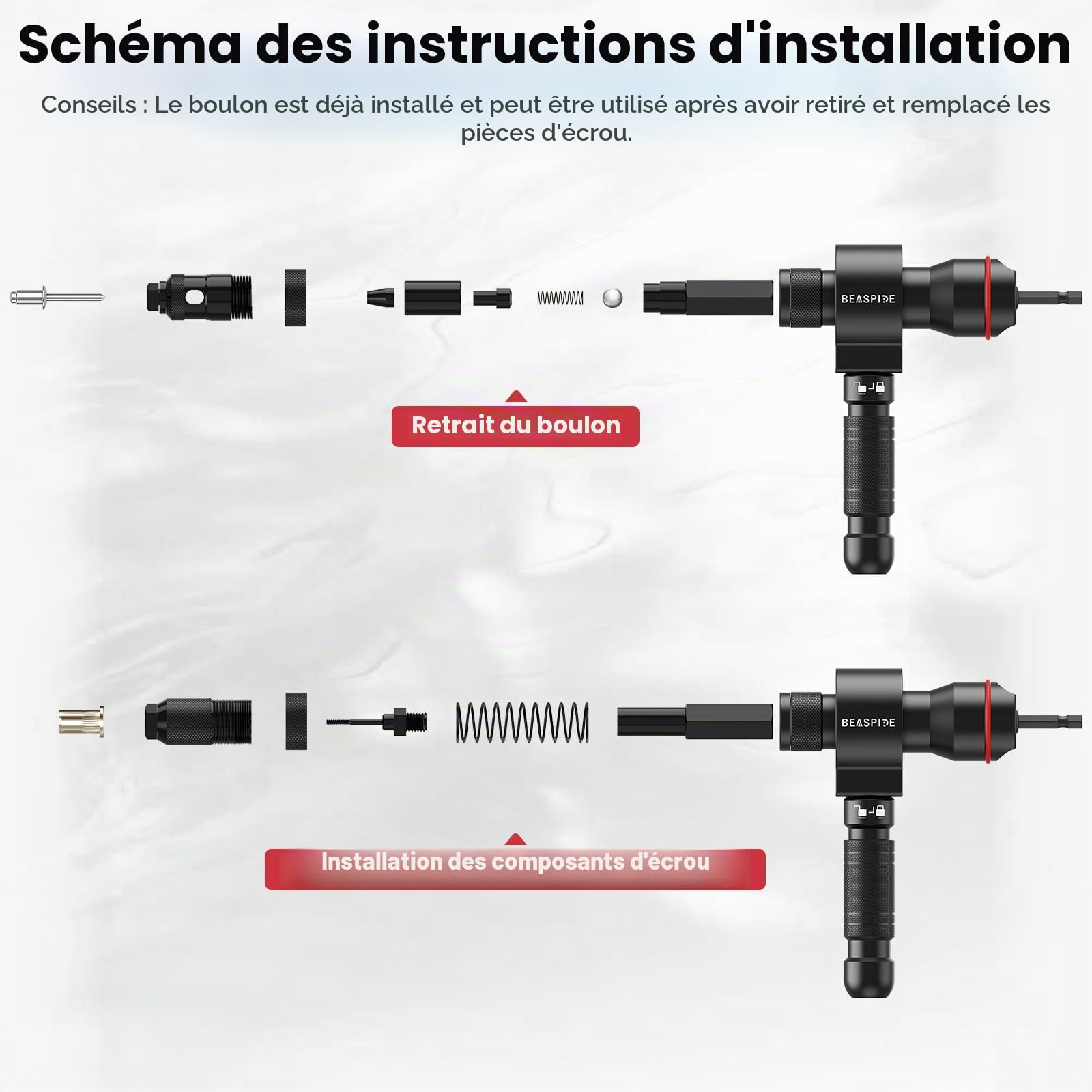 Beaspire Écrou à Rivets 2 en 1 pour Visseuse Sans fil et Perceuse, Kit Adaptateur de Pince a Rivet Pop en Pince a Insert Fileté pour Rivets Aveugles (2,4-6,4 mm) et Écrous à Rivet (M3-M12)