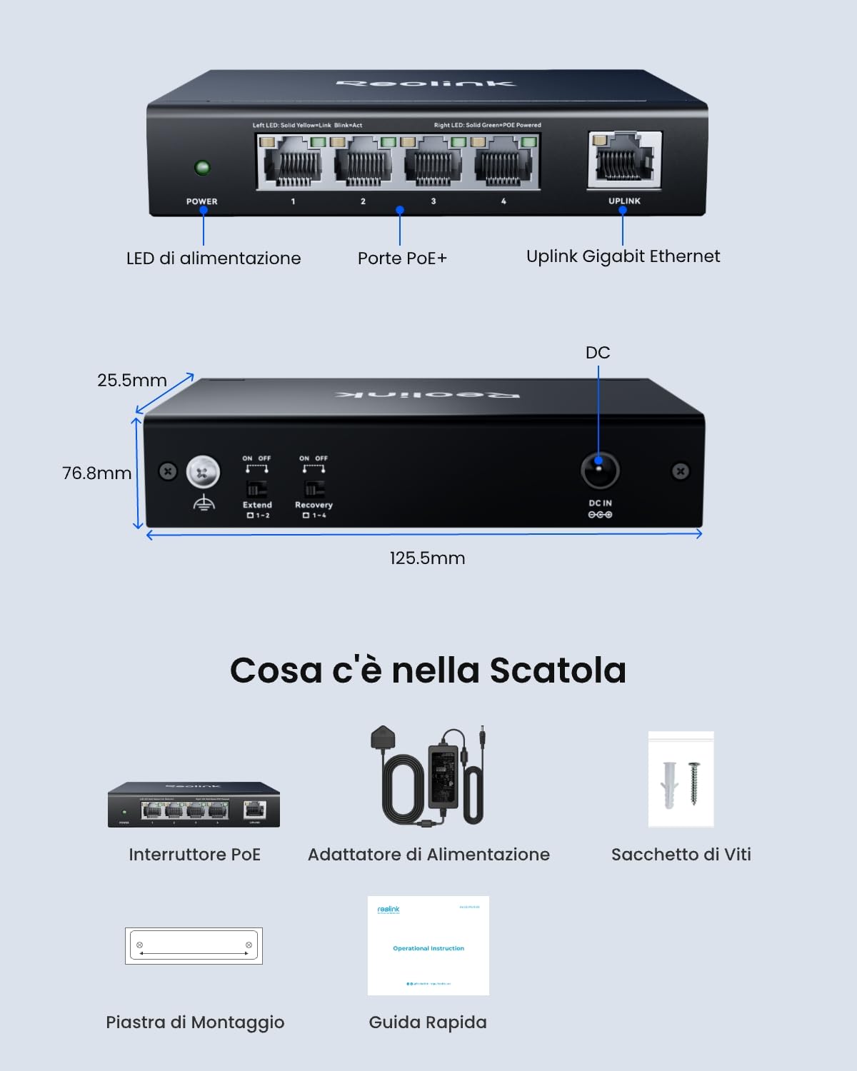 Reolink Switch PoE a 4 Porte PoE e 1 Porta Gigabit, Fino a 30W per Porta, Adattatore da 65W Incluso, Riavvio Automatico, Modalità Estensione, Distribuzione Potenza, Standard IEEE 802.3af/at, RLA-PS1E