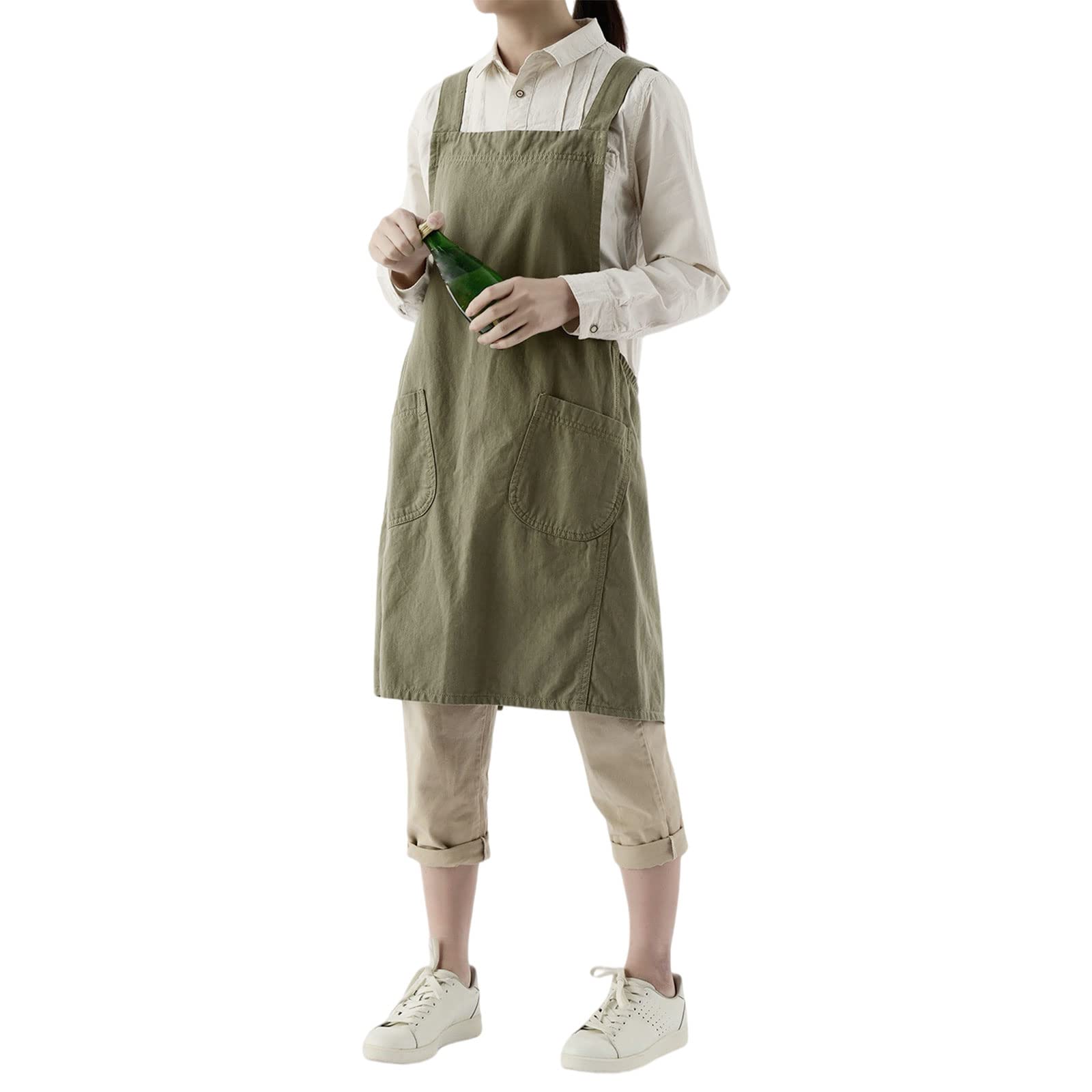 Koitniecer Women Apron with Pockets Gardening Cooking Kitchen Apron Japanese Side Tie Apron Dress Pleated Pinafore Dress (Short-Green, One Size)