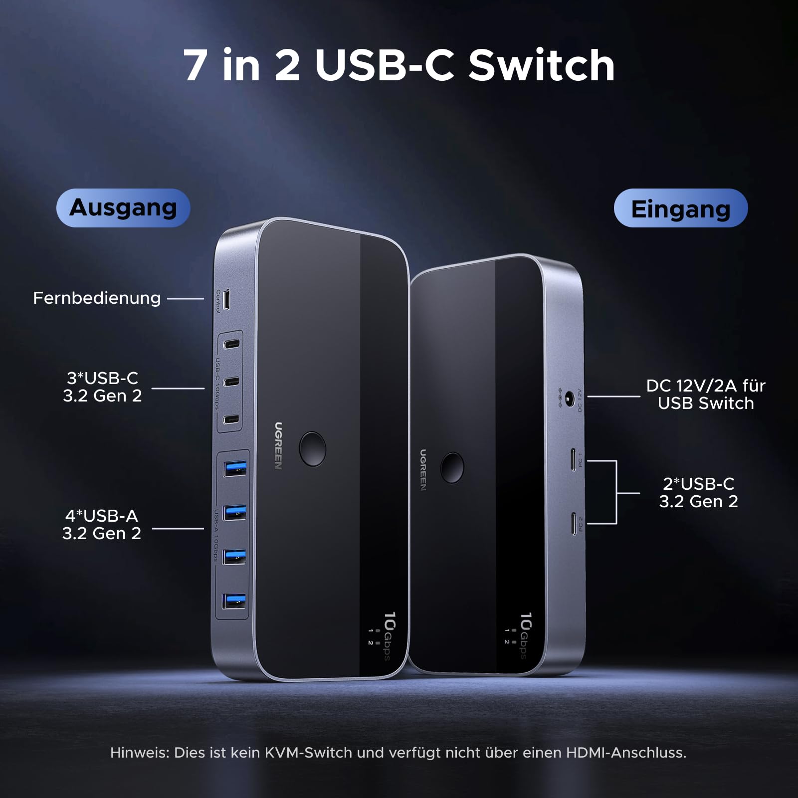 UGREEN 2 In 7 Out 10Gbps USB Switch 2 PC USB Umschalter mit 3C4A Ports, Netzteil, Fernbedienung und 2xC auf A/C Kabeln, KVM Switch kompatibel mit Mac mini M4/M4 Pro, MacBook Air M4, Windows usw.