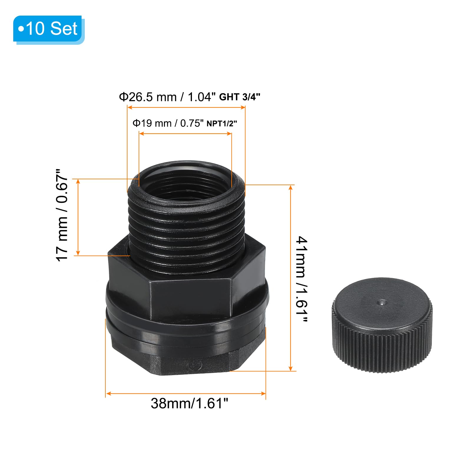 PATIKIL PVC Bulkhead Fitting with Cap NPT1/2 Female x GHT 3/4 Male - Image 2