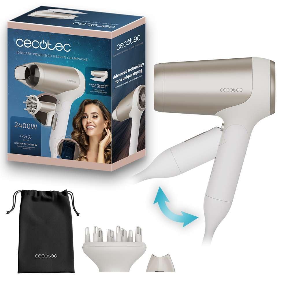 Cecotec Składana suszarka do włosów IoniCare Power&Travel Champagne 2400 W, silnik DC, technologia jonów rzeczywistych, kompaktowa, zimne powietrze, w zestawie dyfuzor, dysza koncentratora i torba