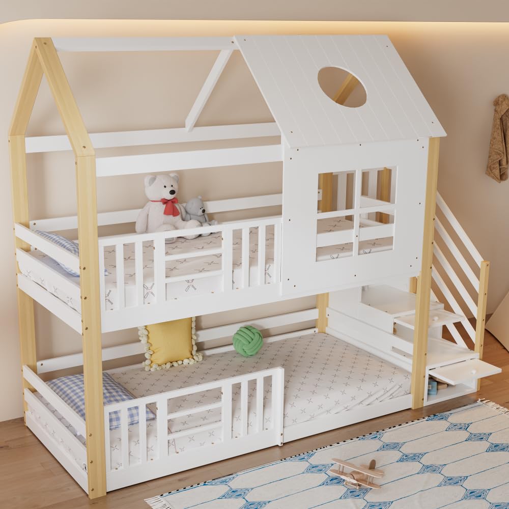 Litera para niños de 90 x 200 cm, con escalera de almacenamiento y techo, barrera anticaídas, diseño de ventana para habitación infantil