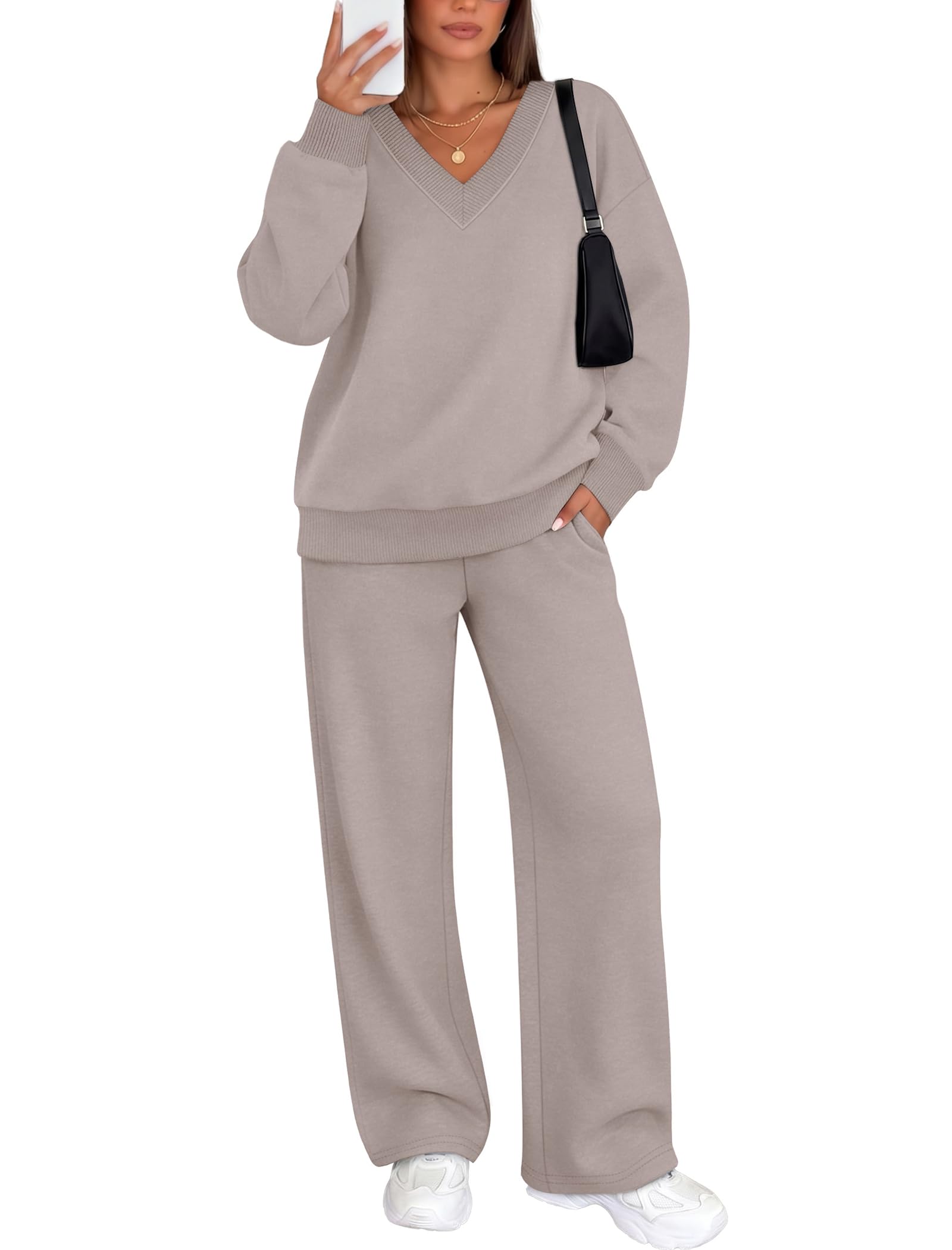 WIHOLL Sweatsuits Women 2 Piece Outfit Workout Sets Fall Fashion Clothing | Two piece matching lounge set, airport travel outfit, winter clothing, vacation, track suits, sweatshirt, wide leg sweatpant