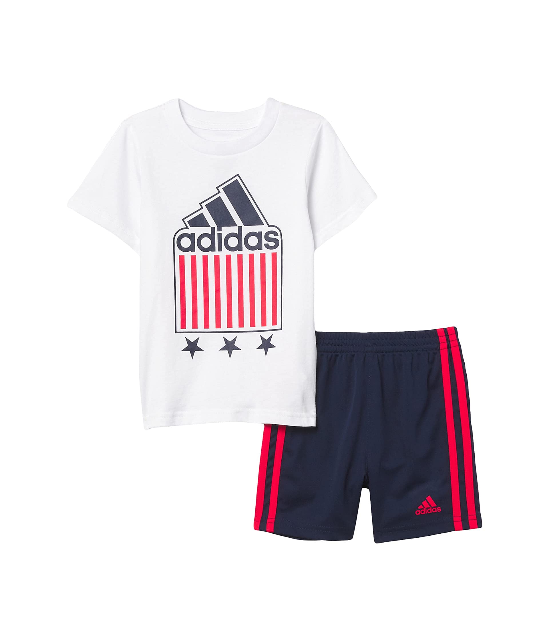 adidas baby boys Sleeve Cotton Graphic Tee and Interlock Shorts Set, White With Collegiate Navy, 4-8 Years US