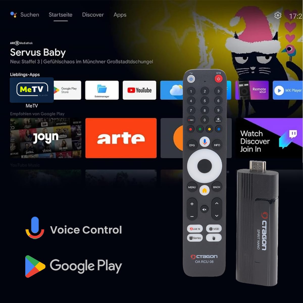 OCTAGON Spirit Nano 4K UHD Android TV Stick, HDR10+, 2 GB RAM, 32 GB, Bluetooth Remote, Wi-Fi IP Receiver