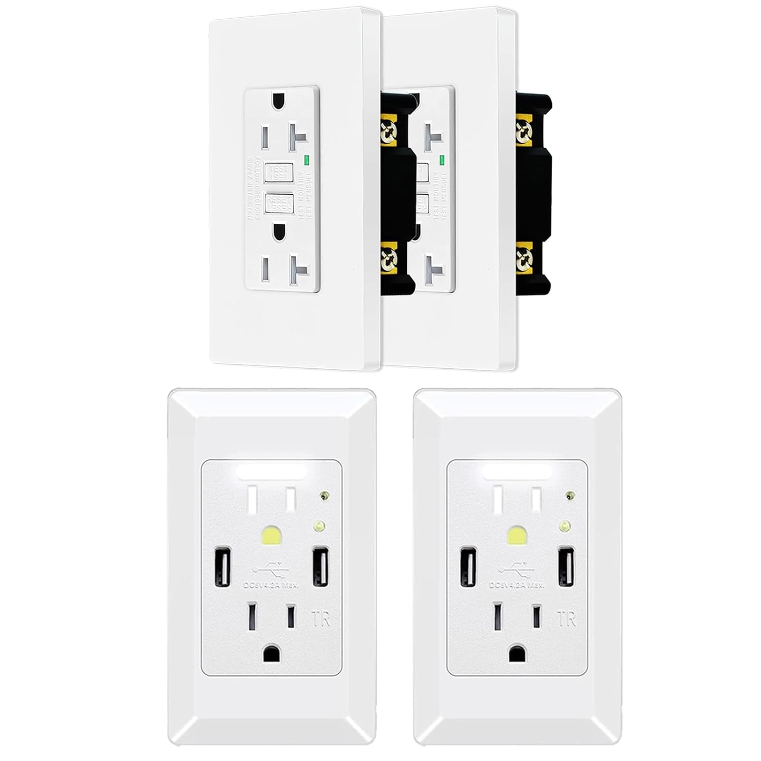 20Amp GFCI Outlet,NineLeaf 2PK Gfi Electrical Outlet+NineLeaf 2PK 15Amp USB Outlet with Guidelight