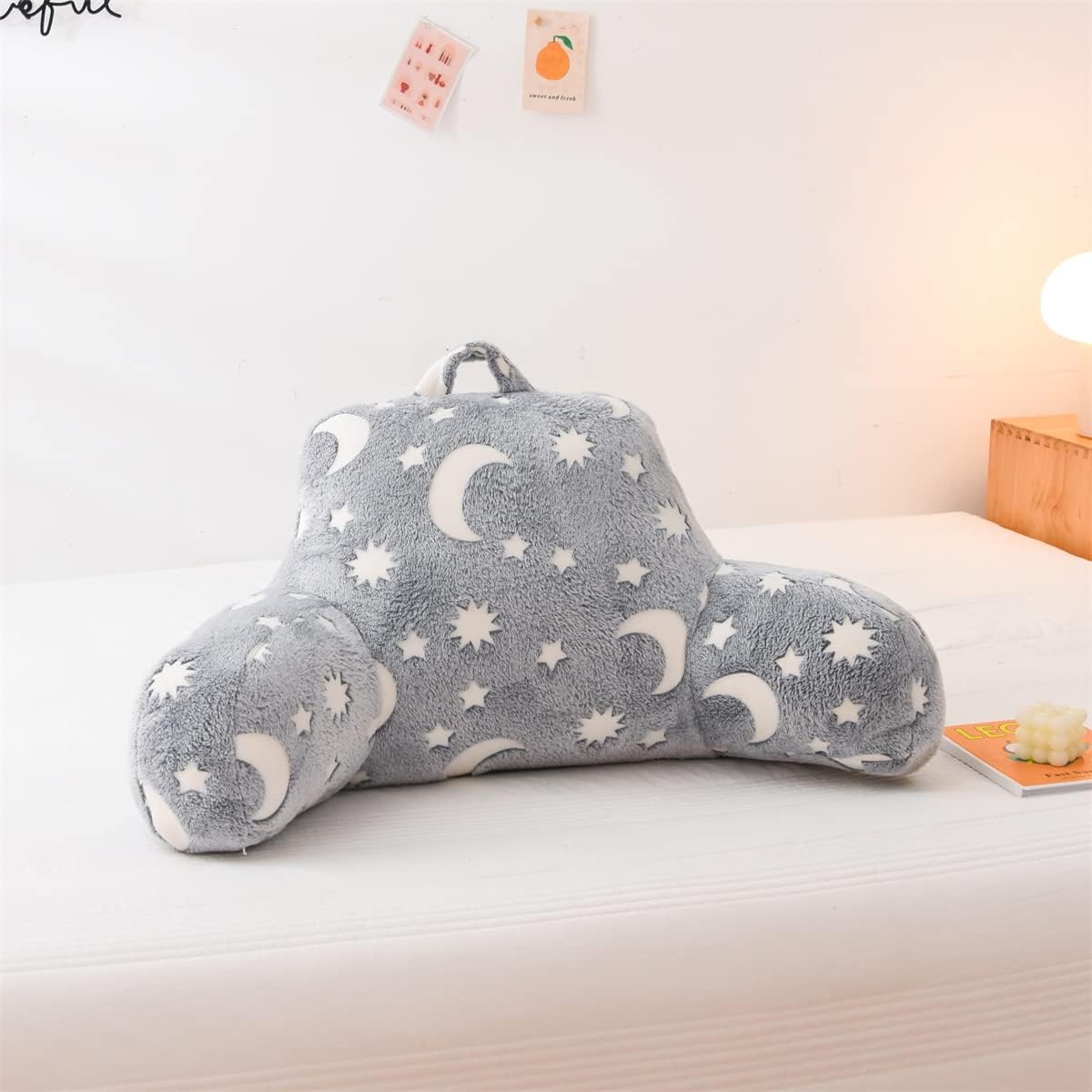 Holawakaka Glow in The Dark Reading Pillow for Sitting up in Bed Sofa Kids Teens, Luminous Moon Stars Backrest Pillow with Arms for Boys Girls Petites, Back Support Cushion for Couch Nursery Playroom