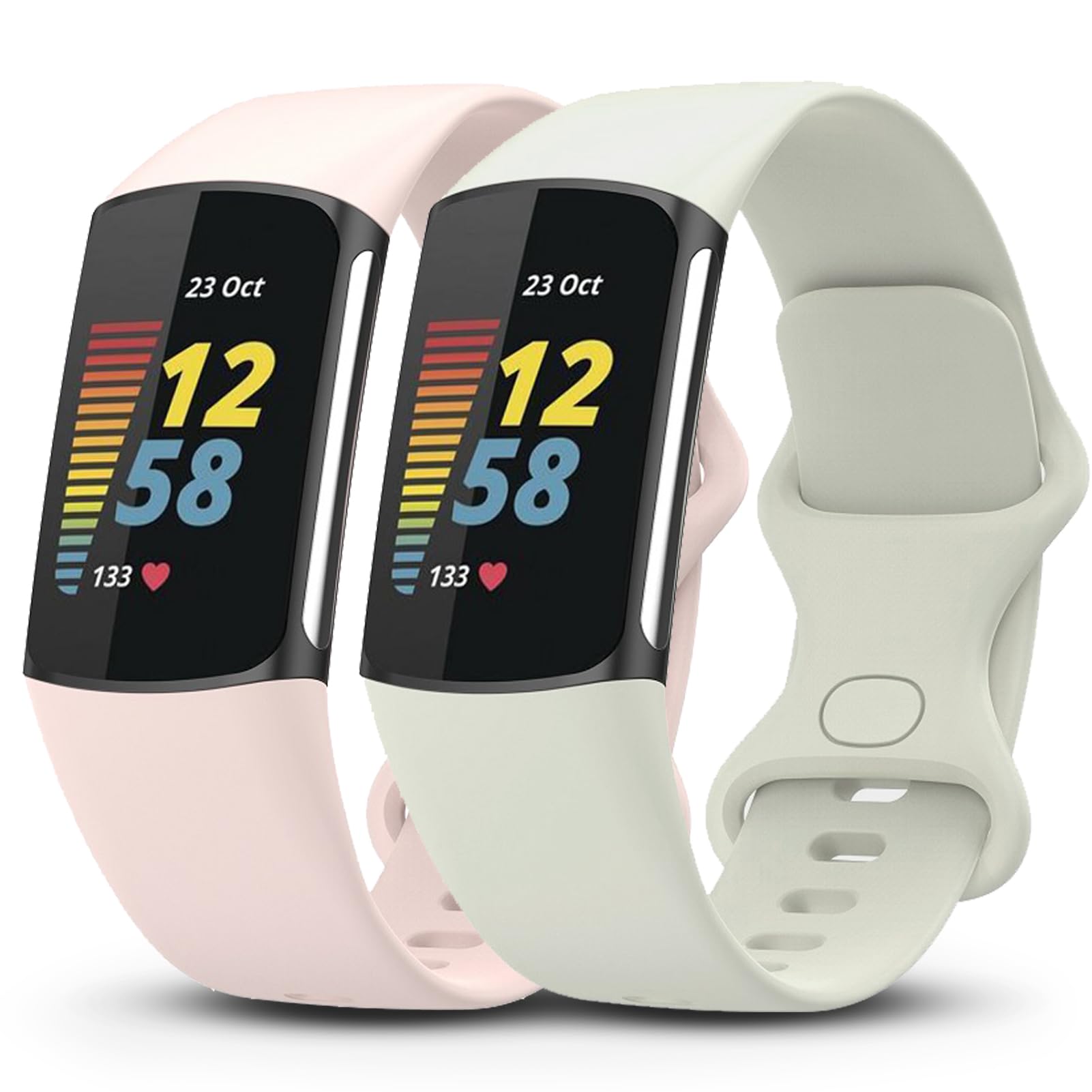 Garmcool 2 Pack Strap Compatible with Fitbit Charge 6 / Charge 5 Straps, Adjustable Replacement Silicone Sport Bands for Women Men/Sand Pink, Moon White, Small
