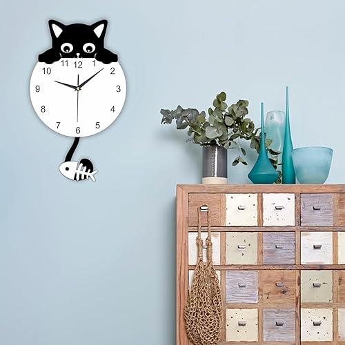 Miniatura 4 de Reloj de pared con péndulo de gato negro con cola oscilante, divertido reloj de gato con cola móvil, fácil de montar, gato y pez de lujo, reloj de
