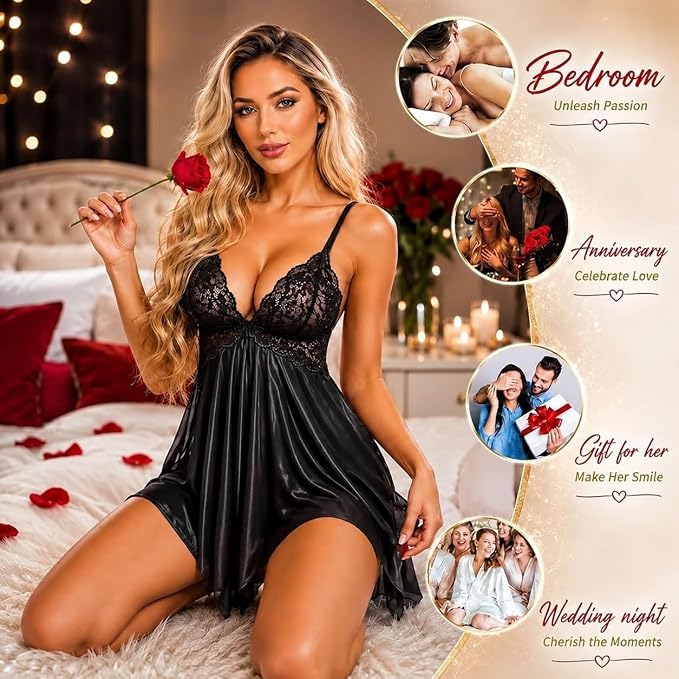 Image of KAIDAA Lingerie for Women | Sexy Hot Lace Babydoll Nightwear Set with Panty | Honeymoon Lingerie Set | First Night Dress for Women | Romantic Bridal Sleepwear (Fits 24-38 Size)