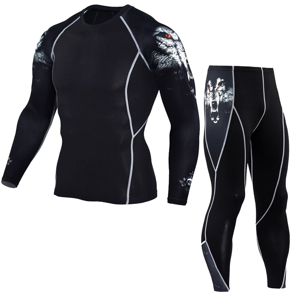 MISSMAO Mens Compression Base Layer Top Skin Fit + Compression Leggings Set Wolf M