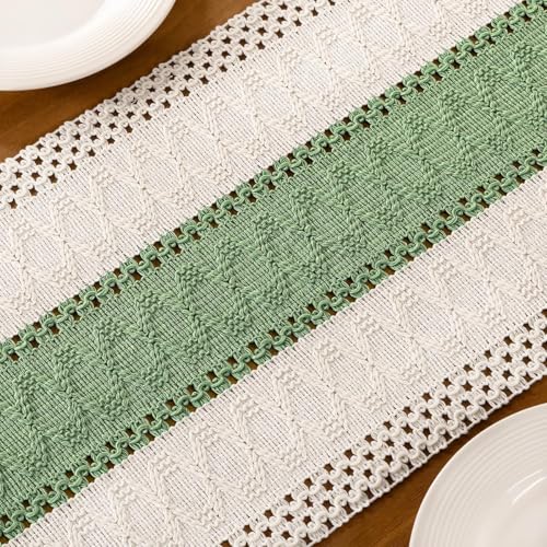 Image of MLMC Sage Green Boho Table Runner Farmhouse Macrame Woven Table Runner 48 inch Long Rustic Cotton Linen Blend Table Decor for Dinning Kitchen Wedding Bridal Shower Eveyrday Use 12x48 Inch