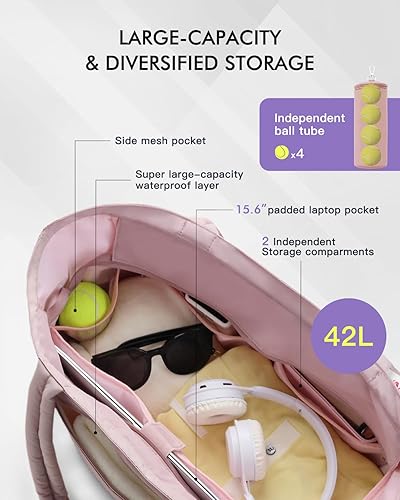 Miniatura 4 de Bolsa acolchada de tenis para mujer, bolsa de lona para gimnasio con compartimento para zapatos y bolsillo húmedo, se adapta de 2 a 4 raquetas y