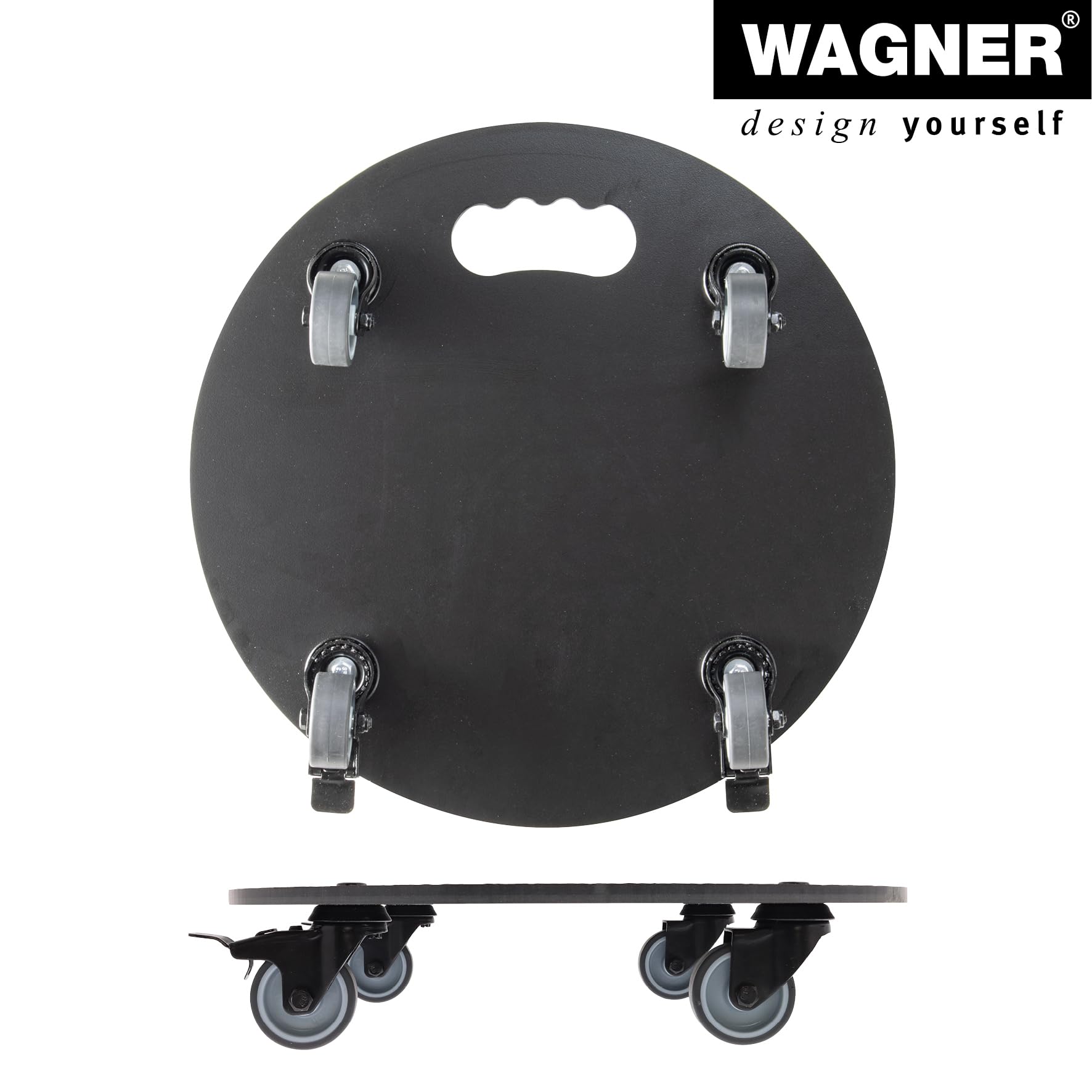 WAGNER Pflanzenroller HPL Black Ø 38 x 7,5 cm I Blumenroller für Außenbereich + Innenbereich I Kübelroller HPL I 2 Total-Feststeller I Tragkraft 100 kg I Made in DE - 20063001