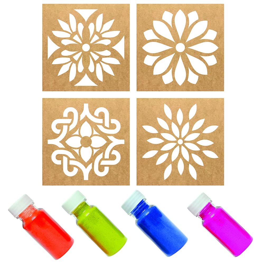 MustHaves Wooden Rangoli Stencils & Color Kit For Diwali - 4 Stencils (6x6 Inch) & 4 Colors (100g Total)