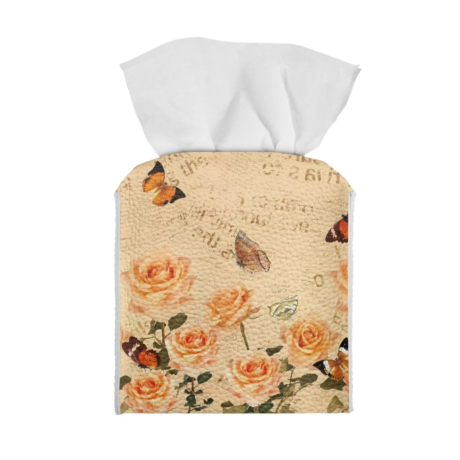 Tutolipy Retro Butterfly Rose Tissue Box Cover Decorative Holder PU Leather Square Tissue Case Dispenser for End Table, Office Desk, Nightstand, Beige Home Decoration
