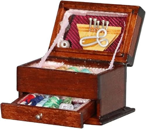 Cutemini Accesorios para casa de muñecas, kit de herramientas de costura en miniatura, accesorios para sala de coser, cesta de costura, modelo de